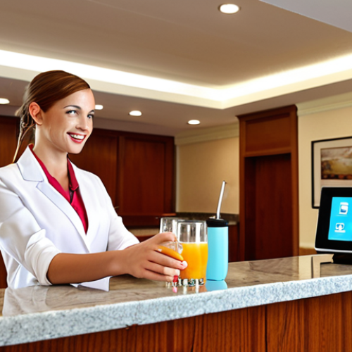 Home 15 **Prompt:** A brightly lit hotel lobby with a friendly receptionist offering a guest a refreshing drink. The check-in process is seamless with digital devices. Focus on the warmth and welcoming atmosphere.
