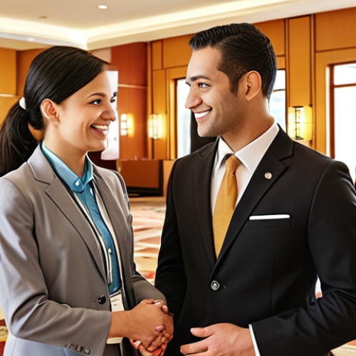 Home 7 **A friendly hotel concierge warmly greeting a diverse group of guests in a modern, brightly lit hotel lobby. Focus on the welcoming atmosphere and international vibe.** (This captures the initial section about hospitality and welcoming guests).