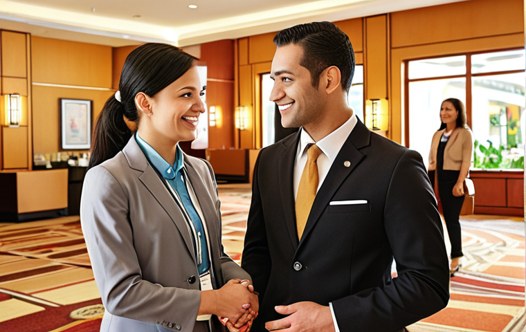 **A friendly hotel concierge warmly greeting a diverse group of guests in a modern, brightly lit hotel lobby. Focus on the welcoming atmosphere and international vibe.** (This captures the initial section about hospitality and welcoming guests).