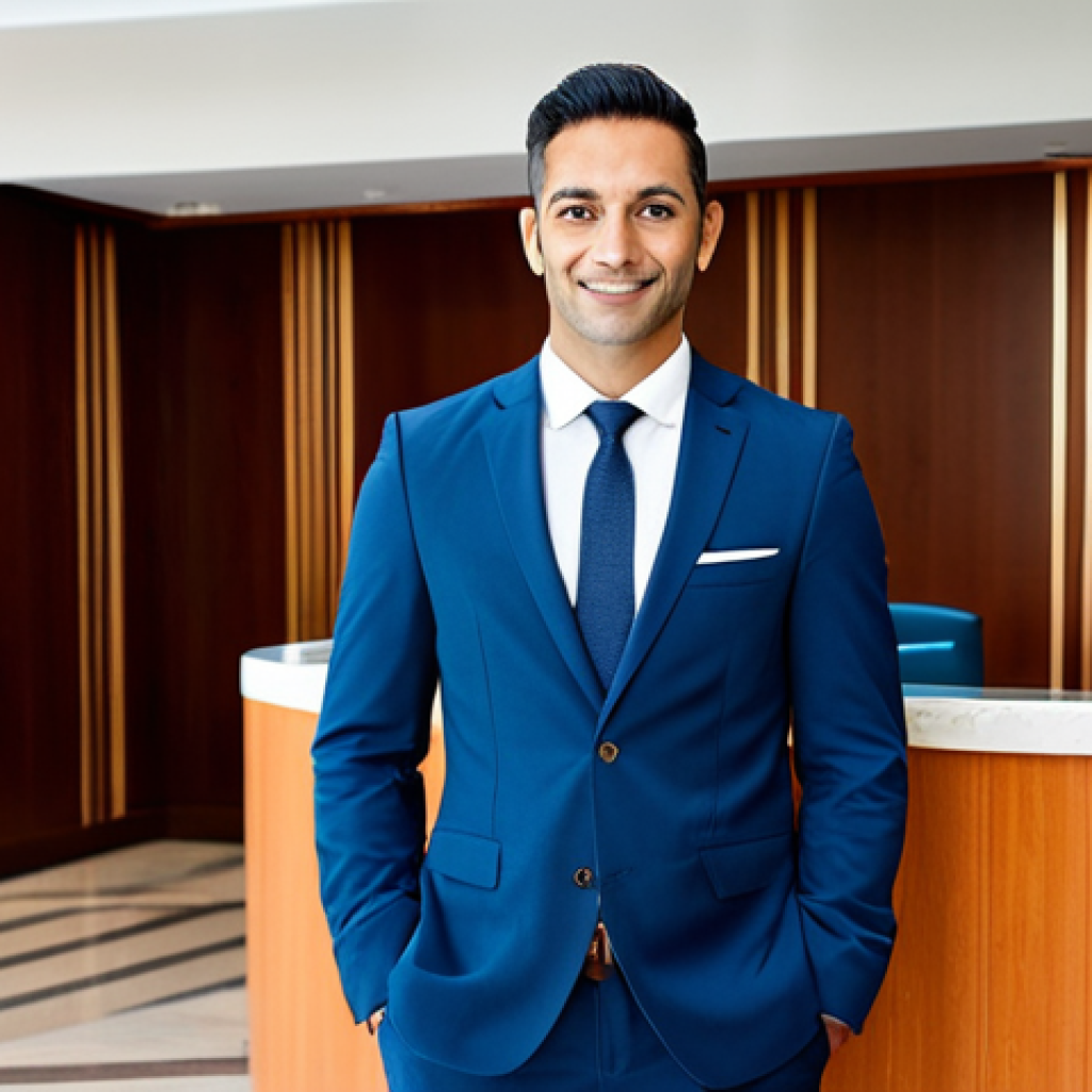 호텔관리사 자격증 국제 인정 여부 - **Prompt:** A confident hotel manager, fully clothed in a professional business suit, standing in a ...