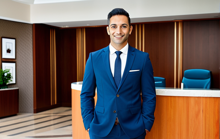 호텔관리사 자격증 국제 인정 여부 - **Prompt:** A confident hotel manager, fully clothed in a professional business suit, standing in a ...