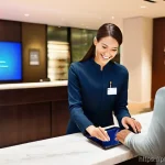 호텔 실무 교육과정 비교 분석 - **Prompt:** A vibrant and modern hotel lobby where a diverse team of hospitality professionals, dres...