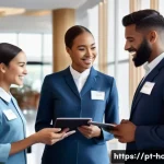 호텔 인사 관리 실제 사례 - A diverse hotel team engaged in a lively morning briefing in a modern hotel lobby, featuring staff m...