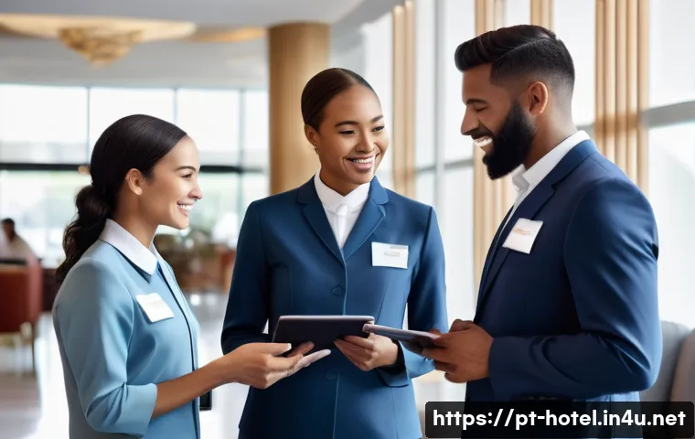 호텔 인사 관리 실제 사례 - A diverse hotel team engaged in a lively morning briefing in a modern hotel lobby, featuring staff m...