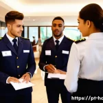 호텔 실무에서 발생하는 갈등 해결 방법 - A busy hotel lobby scene during high season in Brazil, showing a diverse multicultural hotel staff i...