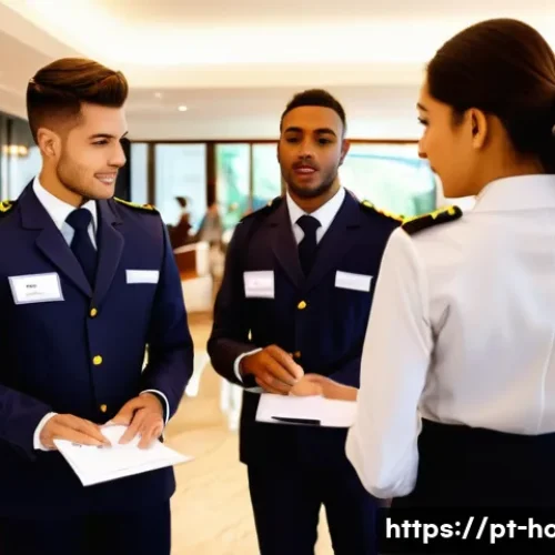 호텔 실무에서 발생하는 갈등 해결 방법 - A busy hotel lobby scene during high season in Brazil, showing a diverse multicultural hotel staff i...
