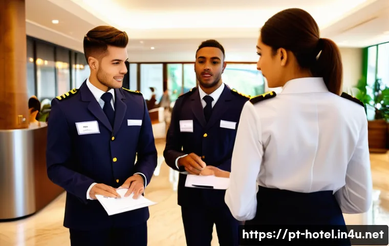 호텔 실무에서 발생하는 갈등 해결 방법 - A busy hotel lobby scene during high season in Brazil, showing a diverse multicultural hotel staff i...