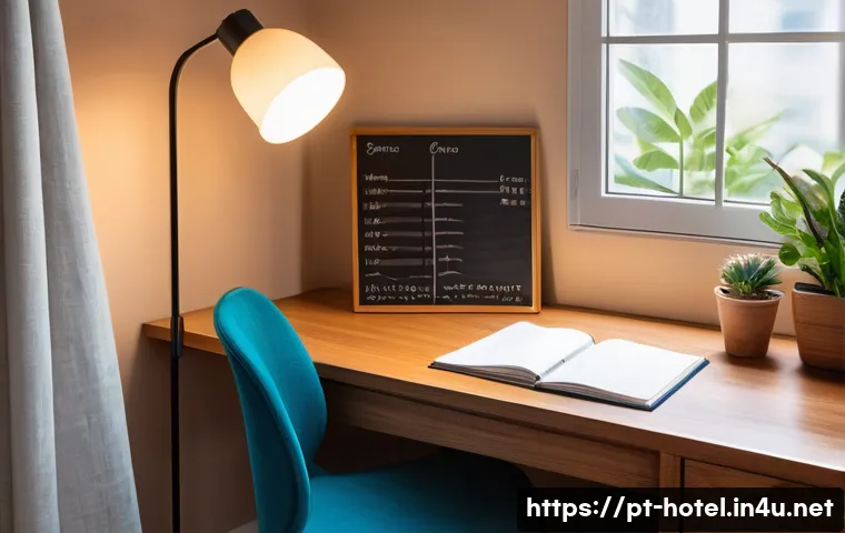 호텔 실기 시험 전날 준비 방법 - A cozy, well-organized study corner in a modern Brazilian apartment, featuring a wooden desk neatly ...