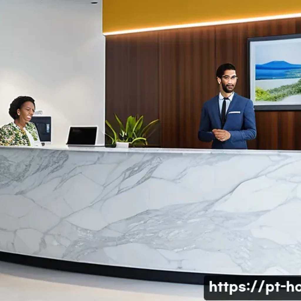 호텔 필기 시험과 실기 시험 차이 - A professional hotel receptionist in a modern Brazilian hotel lobby, dressed in smart business attir...