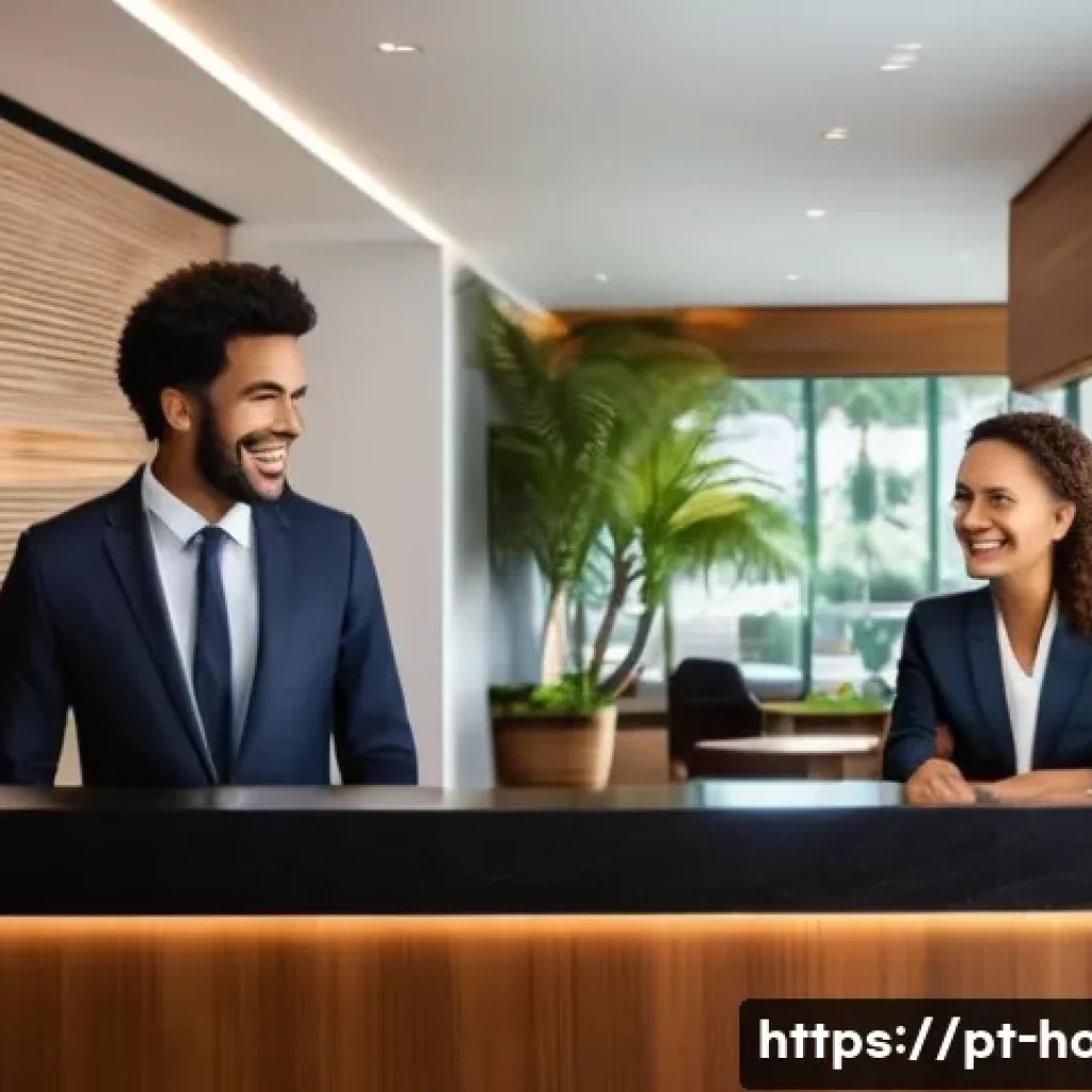 호텔 취업 성공률 높이는 비결 - A professional hotel receptionist warmly assisting an international guest at a modern hotel front de...