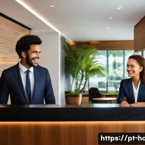 Home 30 호텔 취업 성공률 높이는 비결 - A professional hotel receptionist warmly assisting an international guest at a modern hotel front de...