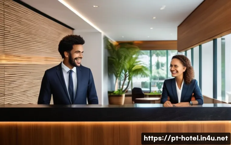 호텔 취업 성공률 높이는 비결 - A professional hotel receptionist warmly assisting an international guest at a modern hotel front de...