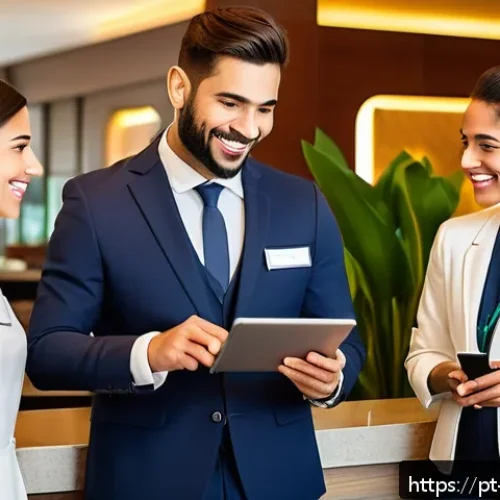 Home 17 호텔 필기 시험에서 자주 나오는 이론 - A modern hotel lobby scene featuring a diverse group of hotel staff warmly welcoming guests at check...