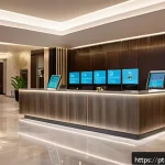 호텔 실무에서의 프로젝트 관리 방법 - A modern hotel lobby featuring a sleek digital check-in kiosk with touchscreen interface, diverse ho...