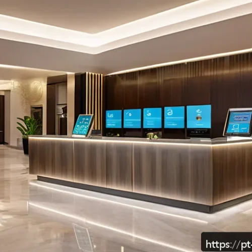 호텔 실무에서의 프로젝트 관리 방법 - A modern hotel lobby featuring a sleek digital check-in kiosk with touchscreen interface, diverse ho...