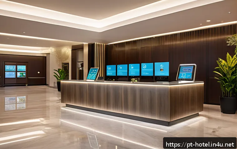 호텔 실무에서의 프로젝트 관리 방법 - A modern hotel lobby featuring a sleek digital check-in kiosk with touchscreen interface, diverse ho...