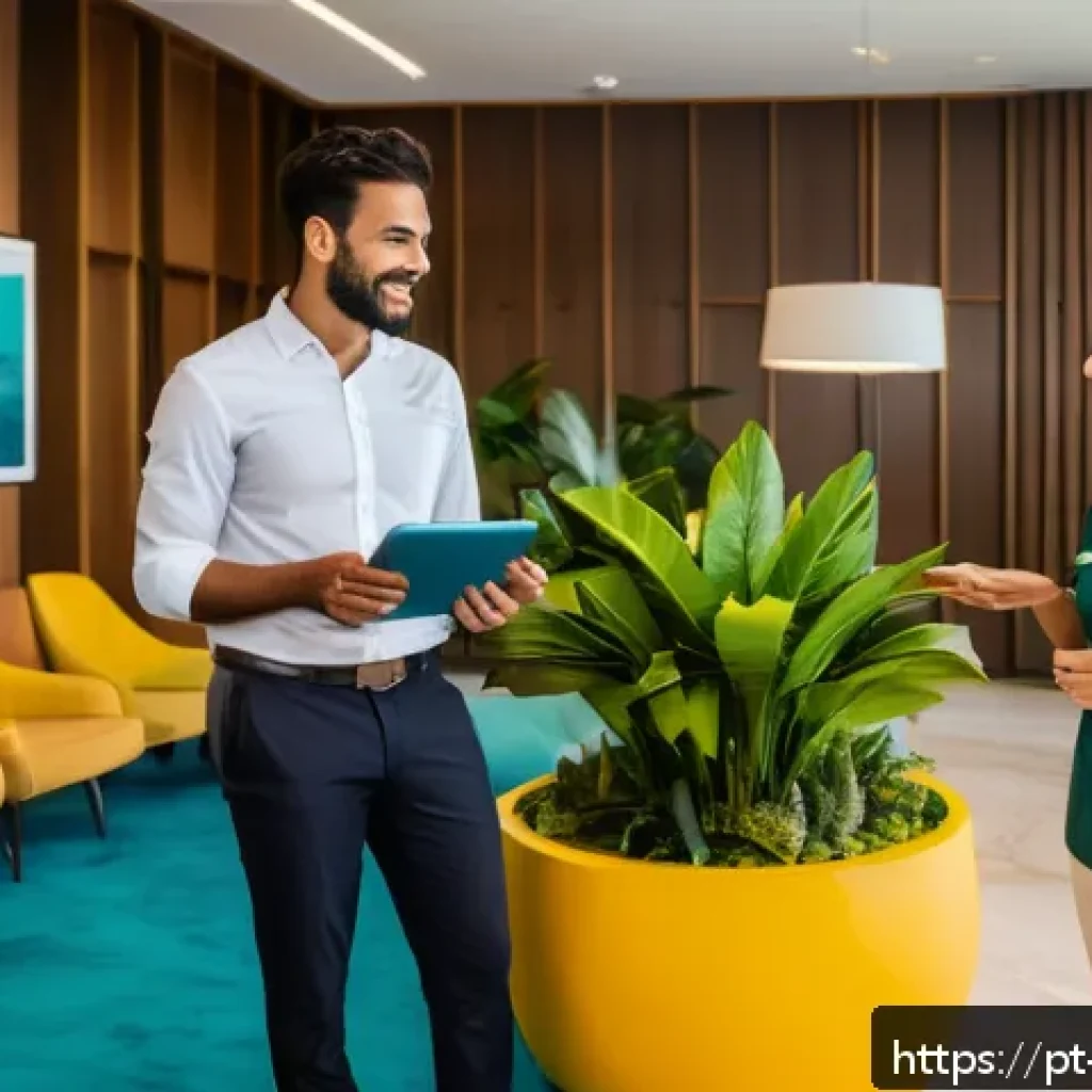 호텔 실무에서 배우는 리더십 - A vibrant hotel team meeting in a modern Brazilian hotel lobby, showing diverse staff members engage...