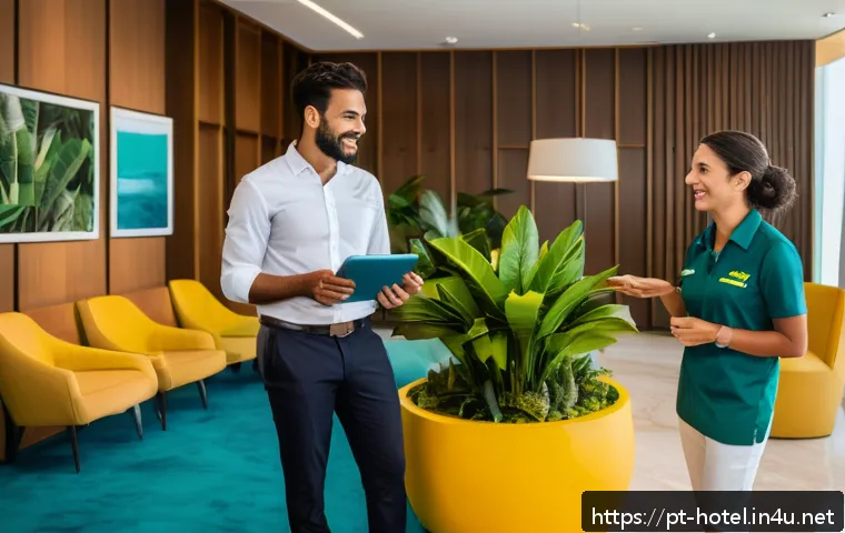 호텔 실무에서 배우는 리더십 - A vibrant hotel team meeting in a modern Brazilian hotel lobby, showing diverse staff members engage...