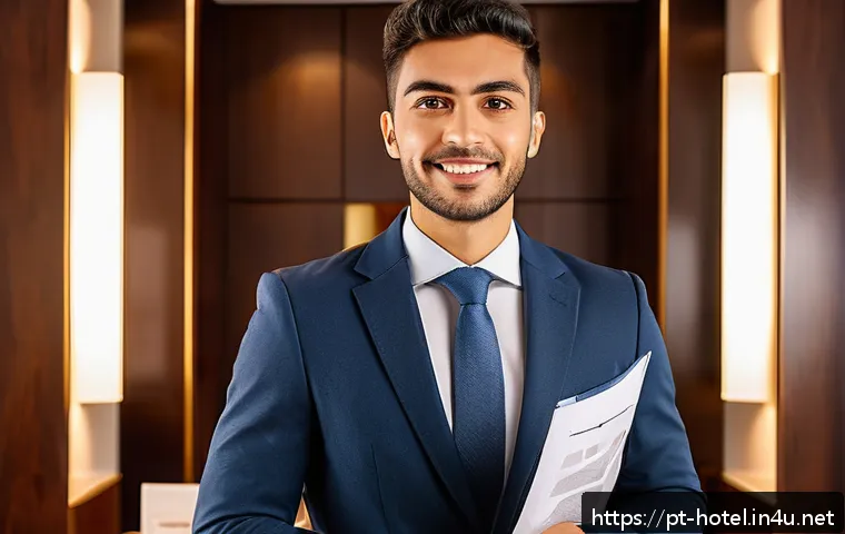 호텔 연봉 협상에서의 심리 전략 - A confident young hotel employee in business casual attire, standing upright with strong eye contact...