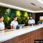 호텔관리사 필기 시험에서의 함정 문제 - A modern hotel front desk scene in Brazil, showing a diverse group of hotel staff assisting guests w...