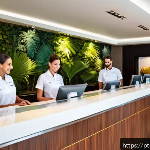 호텔관리사 필기 시험에서의 함정 문제 - A modern hotel front desk scene in Brazil, showing a diverse group of hotel staff assisting guests w...