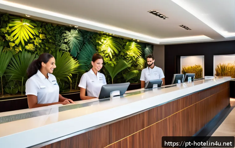 호텔관리사 필기 시험에서의 함정 문제 - A modern hotel front desk scene in Brazil, showing a diverse group of hotel staff assisting guests w...