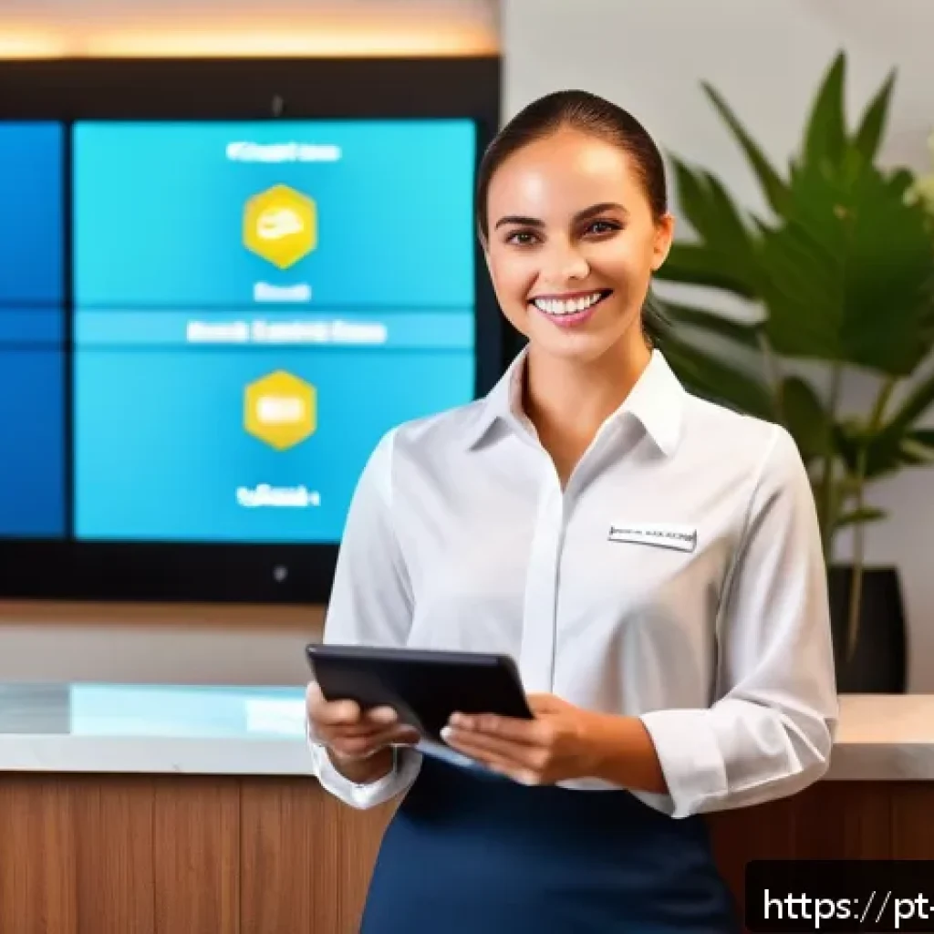 호텔관리사 실무 사례 분석 - A modern hotel reception area featuring a sleek Property Management System (PMS) interface on multip...
