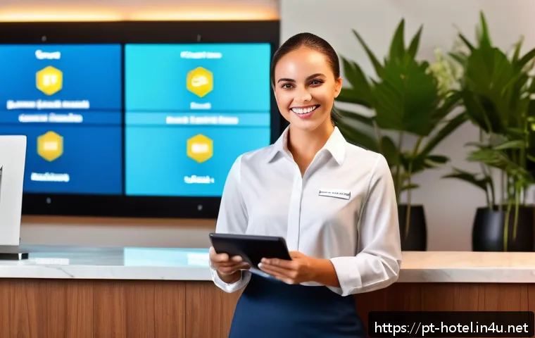 호텔관리사 실무 사례 분석 - A modern hotel reception area featuring a sleek Property Management System (PMS) interface on multip...