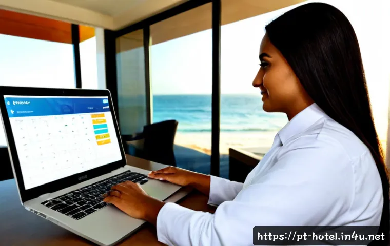 호텔 인사 관리를 위한 소프트웨어 - Photorealistic hotel human resources manager in a modern Brazilian beachfront hotel office, reviewin...